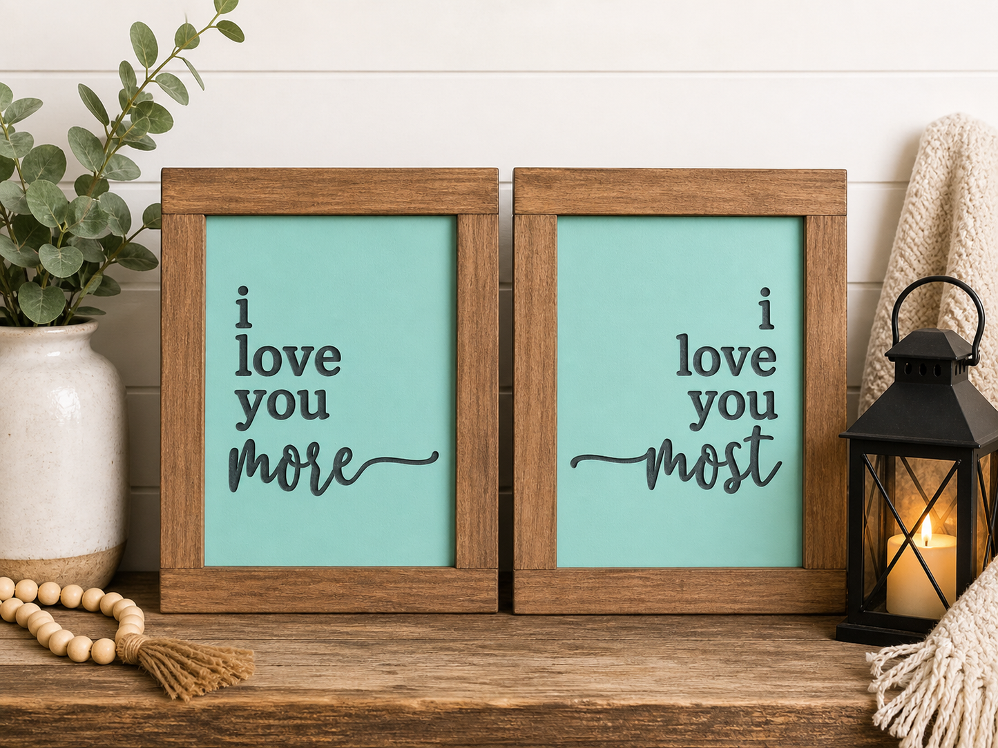 I Love You More / I Love You Most – Framed Wood Sign Set (2)