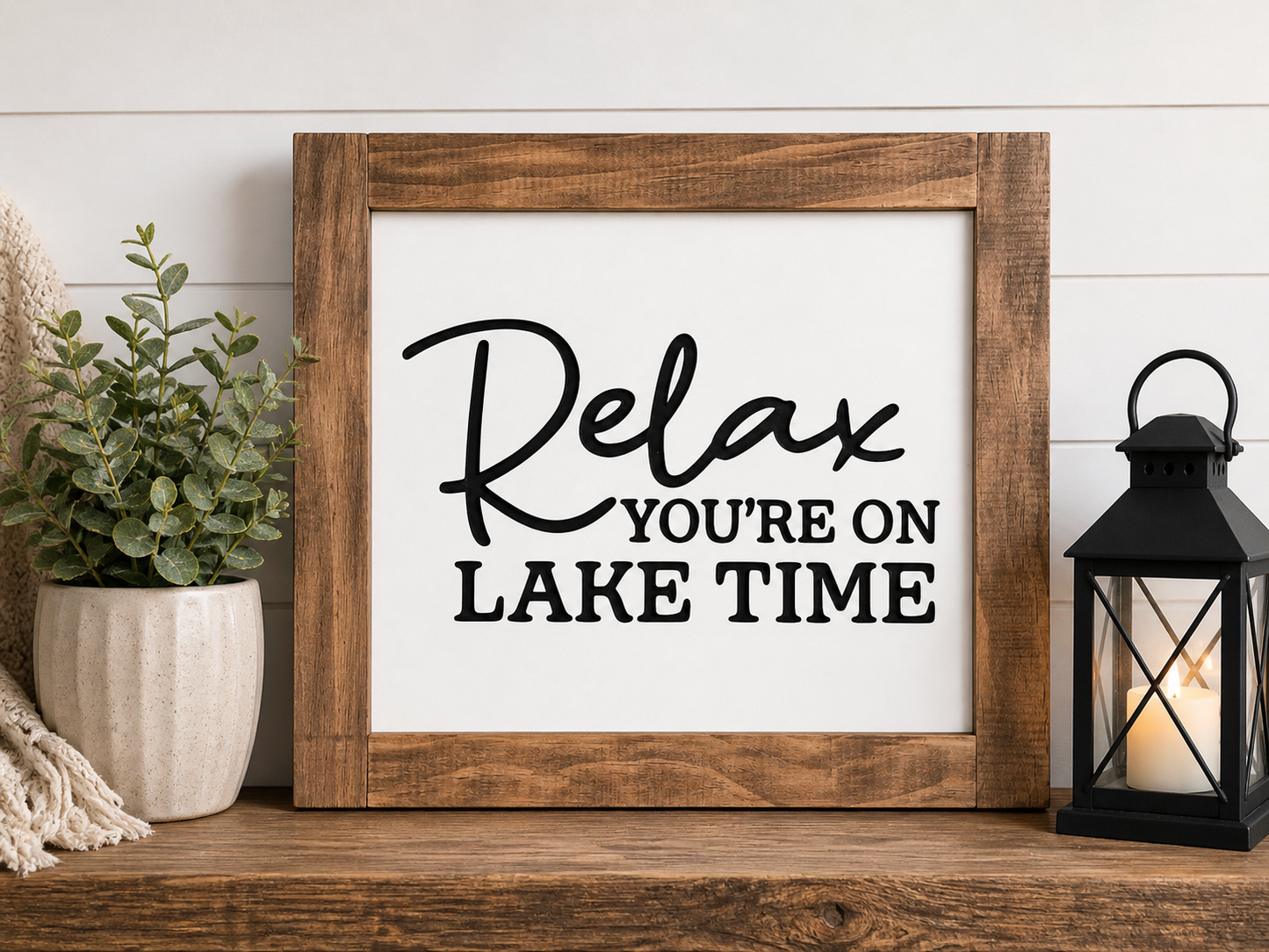 Relax You’re On Lake Time Framed Wood Sign - Lake House Wall Decor